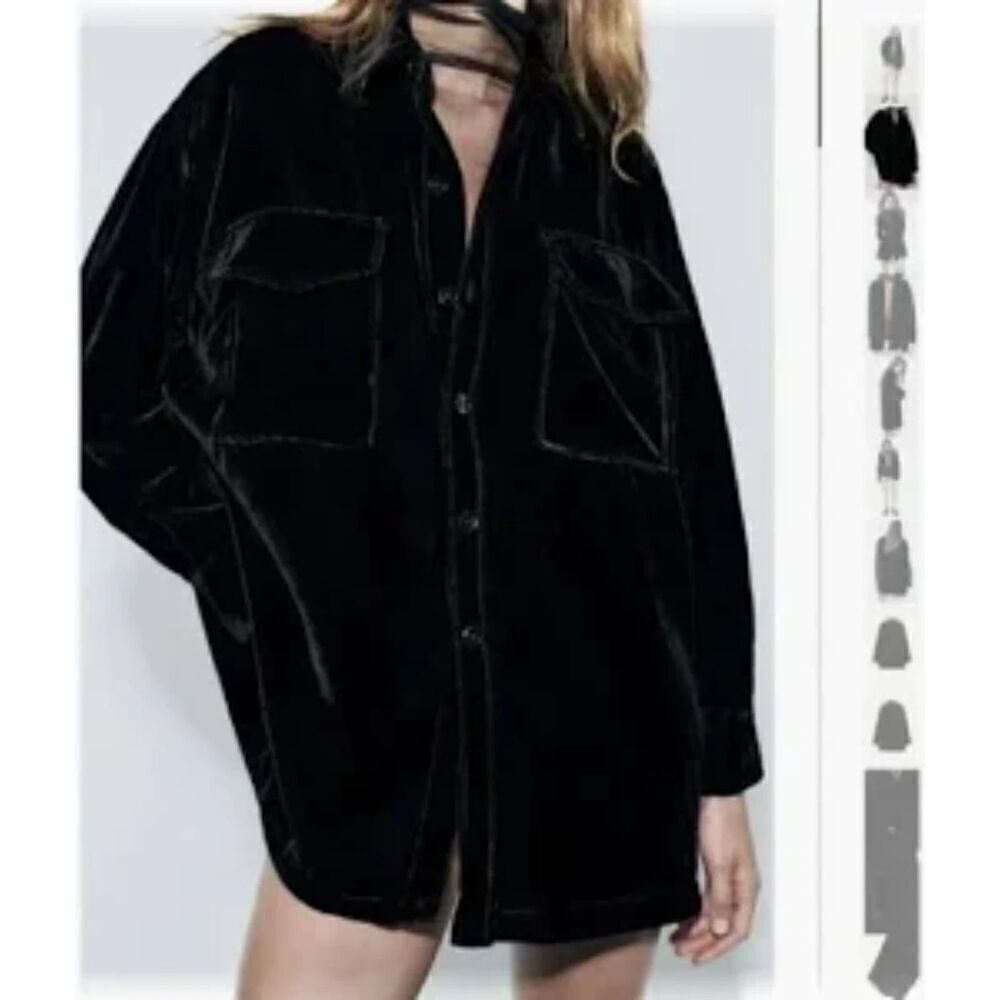 Zara Women Black Velvet Button Down Shacket (Shirt/Jacket Combo) size Large